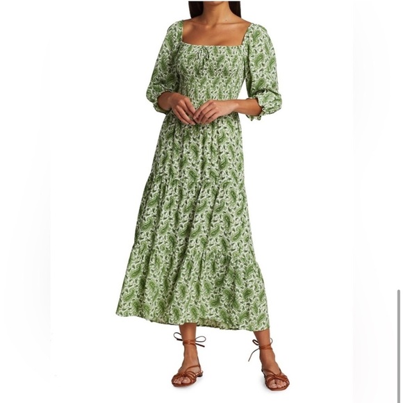 Faithfull The Brand Le Galet Midi Dress Sable Paisley Green Smocked Square Neck - Picture 3 of 10